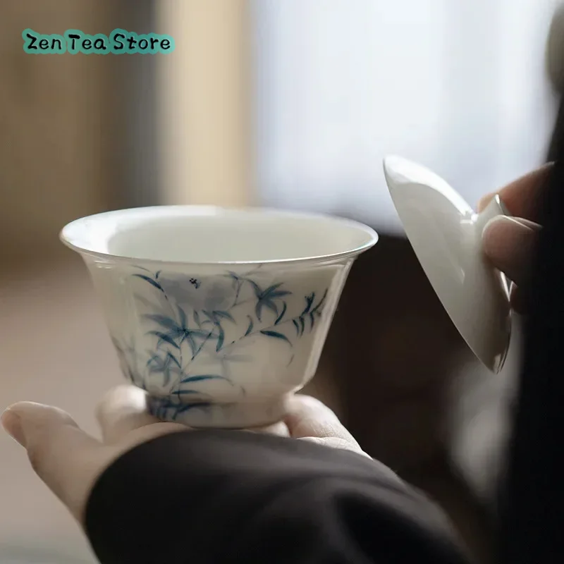 Hand-painted Blue and White Cover Bowl Kung Fu Tea Set Manual Thin Bag Silver Rimmed Tea Cup Sample Cup