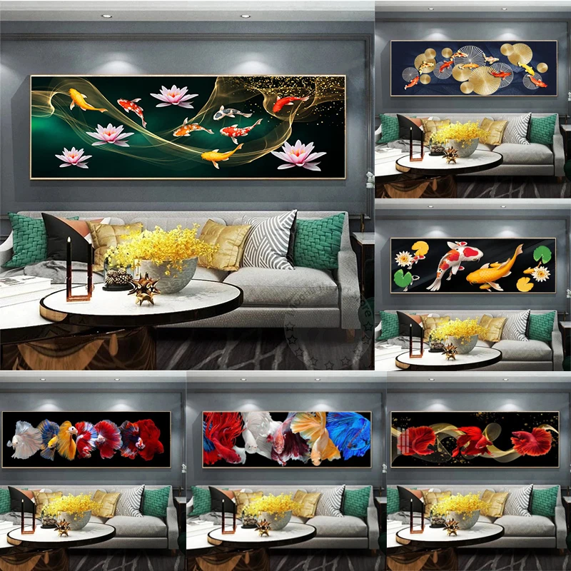 Cinese Golden Koi Fish Painting Lucky Carp Poster Home Decor Print Lotus Pond Picture Modern Room Gallery Interior Wall Cuadros