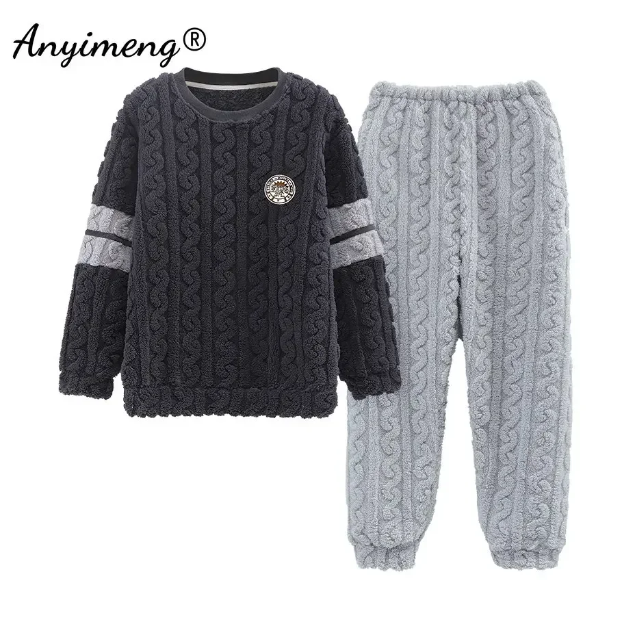 

Plus Size L-5XL Winter Man's Thick Teddy Pajamas Set Casual Jacquard Velvet Pullover Sleepwear for Men Trendy Loungewear for Boy