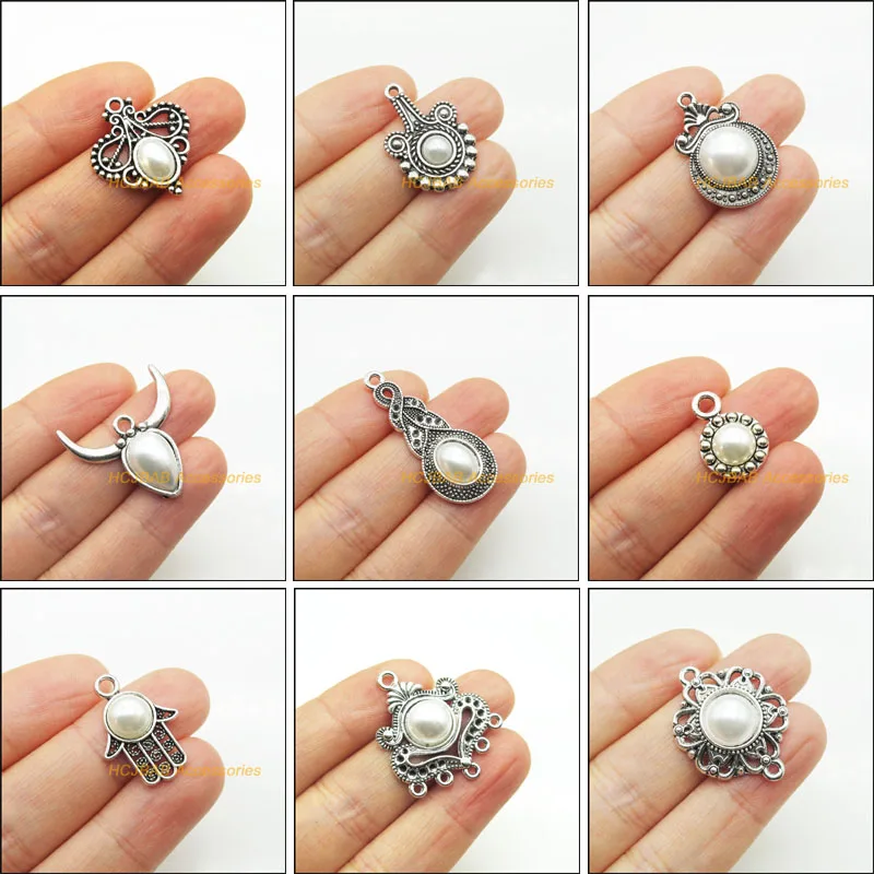 

New Retro Heart Animal Ox Palm Flower Charms Antiqued Silver Plated White Acrylic Pendants For Gifts Jewelry