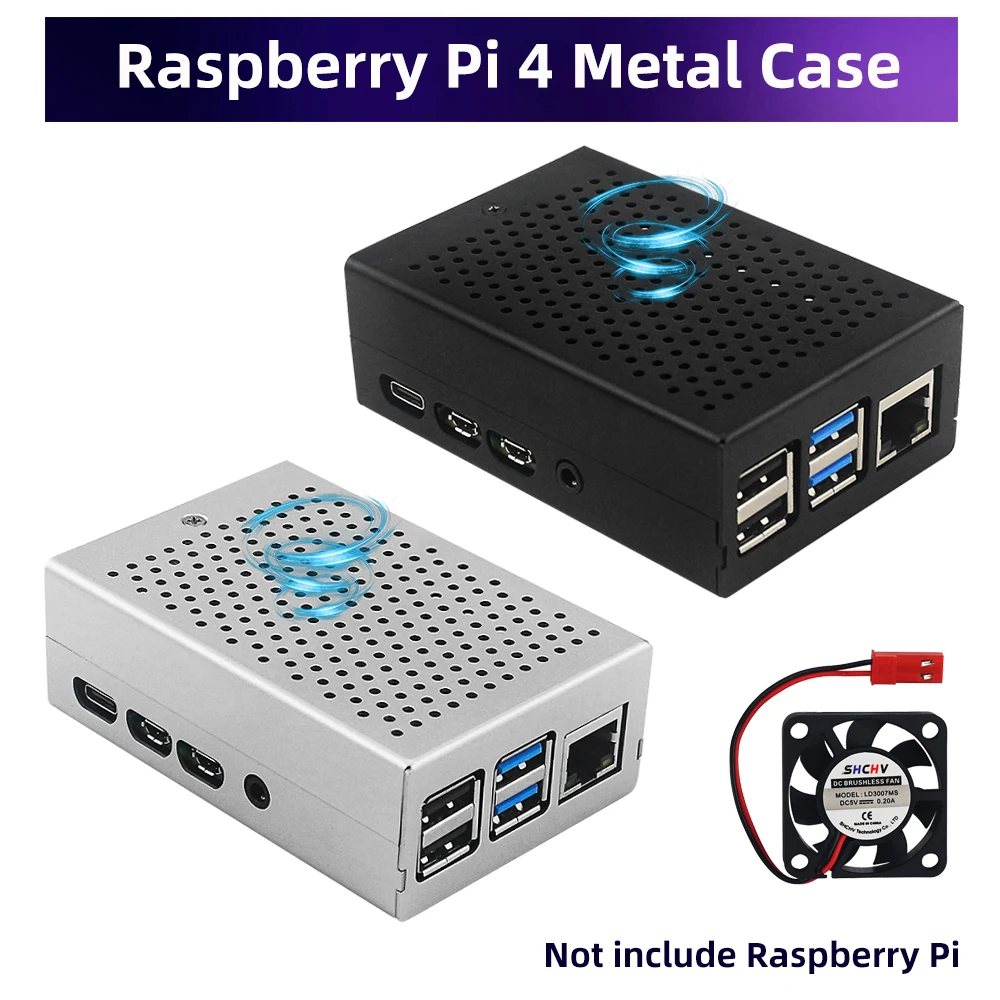 

Металлический чехол для Raspberry Pi 4, черный, серебристый корпус вентиляционных отверстий с охлаждающим вентилятором, дополнительный источник питания для радиатора для Raspberry Pi 4, Модель B