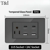 118*75 มม.กระจกนิรภัยซ็อกเก็ต US Wall SOCKET ไทย USB ซ็อกเก็ตปลั๊ก Dual USB Type-C พอร์ต, สวิทช์ไฟ 110V 4