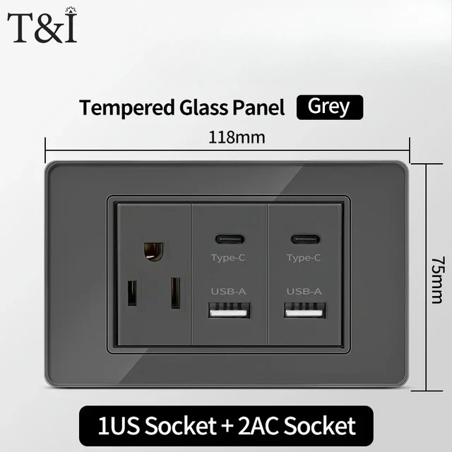 118*75 มม.กระจกนิรภัยซ็อกเก็ต US Wall SOCKET ไทย USB ซ็อกเก็ตปลั๊ก Dual USB Type-C พอร์ต, สวิทช์ไฟ 110V 4