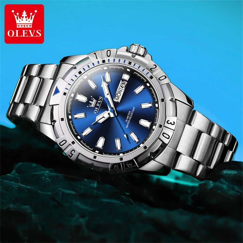 OLEVS Brand 2023 New Fashion Blue Quartz Watch for Men Stainless Steel Waterproof Luminous Dial Mens Watches Relogio Masculino