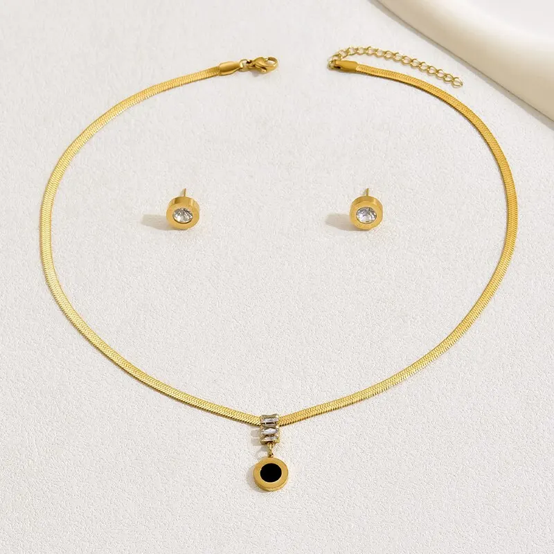 Sf6f8313ccee4425f8782255f18b0f189F 2 Pcs Roman Numerals Pendant Earring Jewelry Set Gold Plated Snake Chain Bezel Set Crystal Stone Earrings Party Gift Mallzona