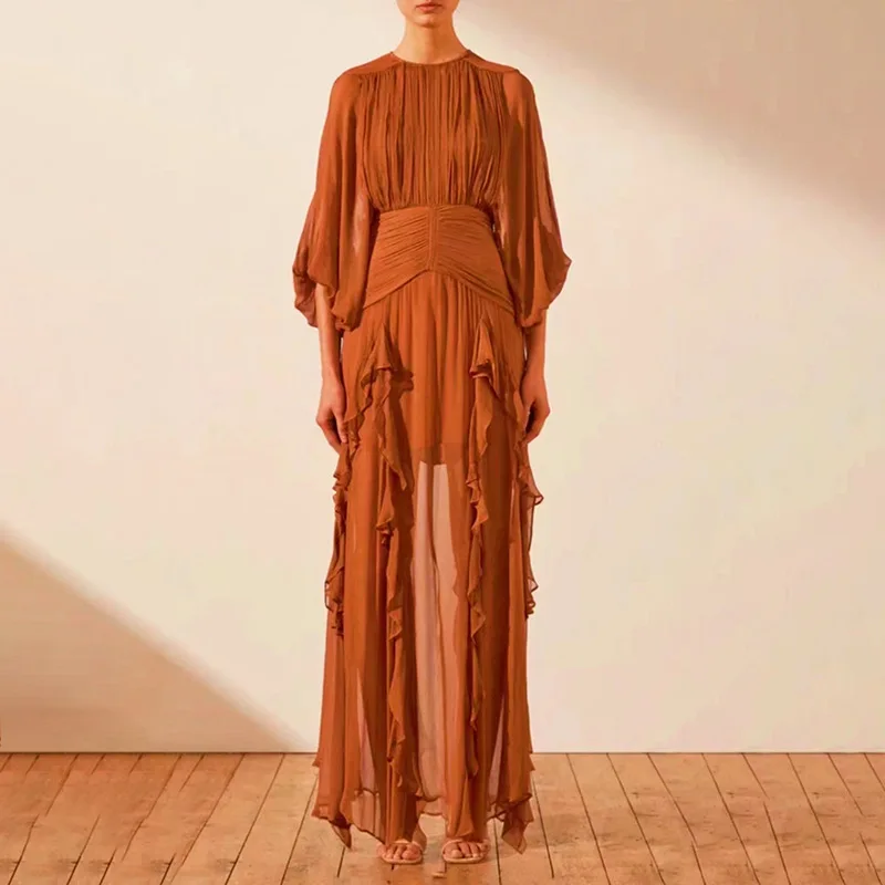 

Women Elegant Maxi Summer Dress Ruffles Chiffon Lantern Sleeve High Waist Tunic Long Dress