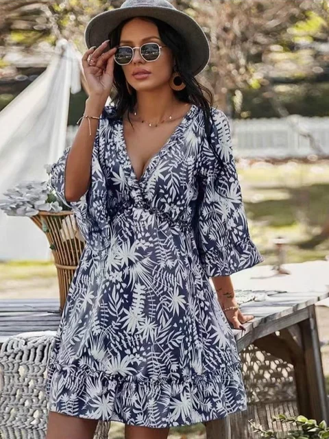 2022 Summer Boho Leaves Mini Dress Women V Neck Holiday Beach Dresses A  Line Half Sleeve Ruffles Backless Dresses Vestidos - AliExpress Women's  Clothing