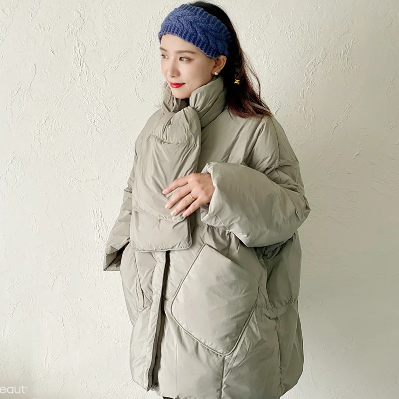 2023 new down jacket autumn and winter fashion scarf down coat fat MM loose increase Pinghu white duck down jacket for women