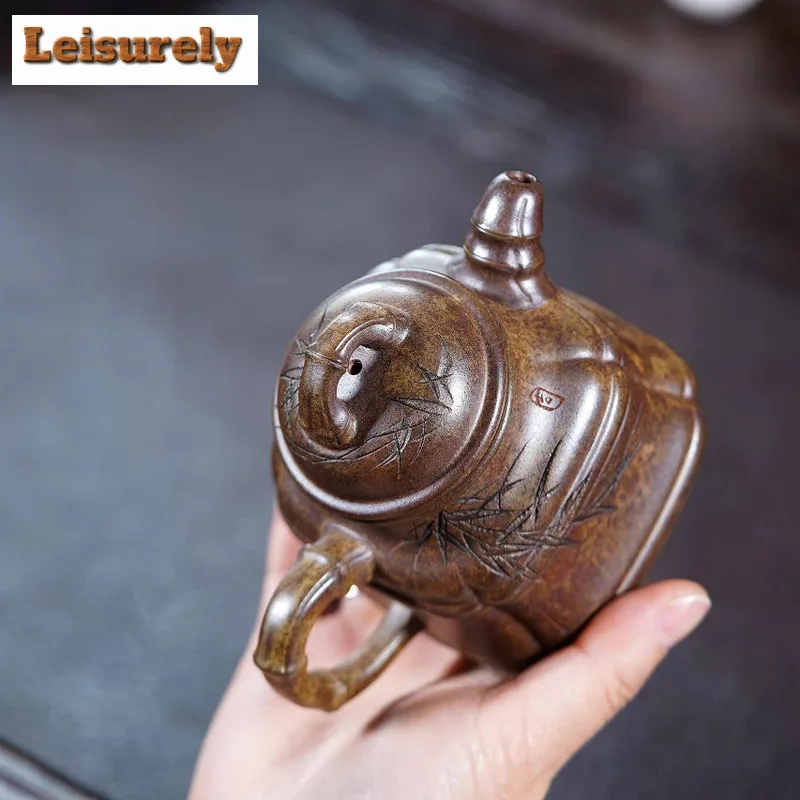270ml Yixing Purple Clay Teapots Handmade Bamboo Tripod Pot Raw Ore Wood-fired Porcelain Mud Kettle With Filter Zisha Tea Set