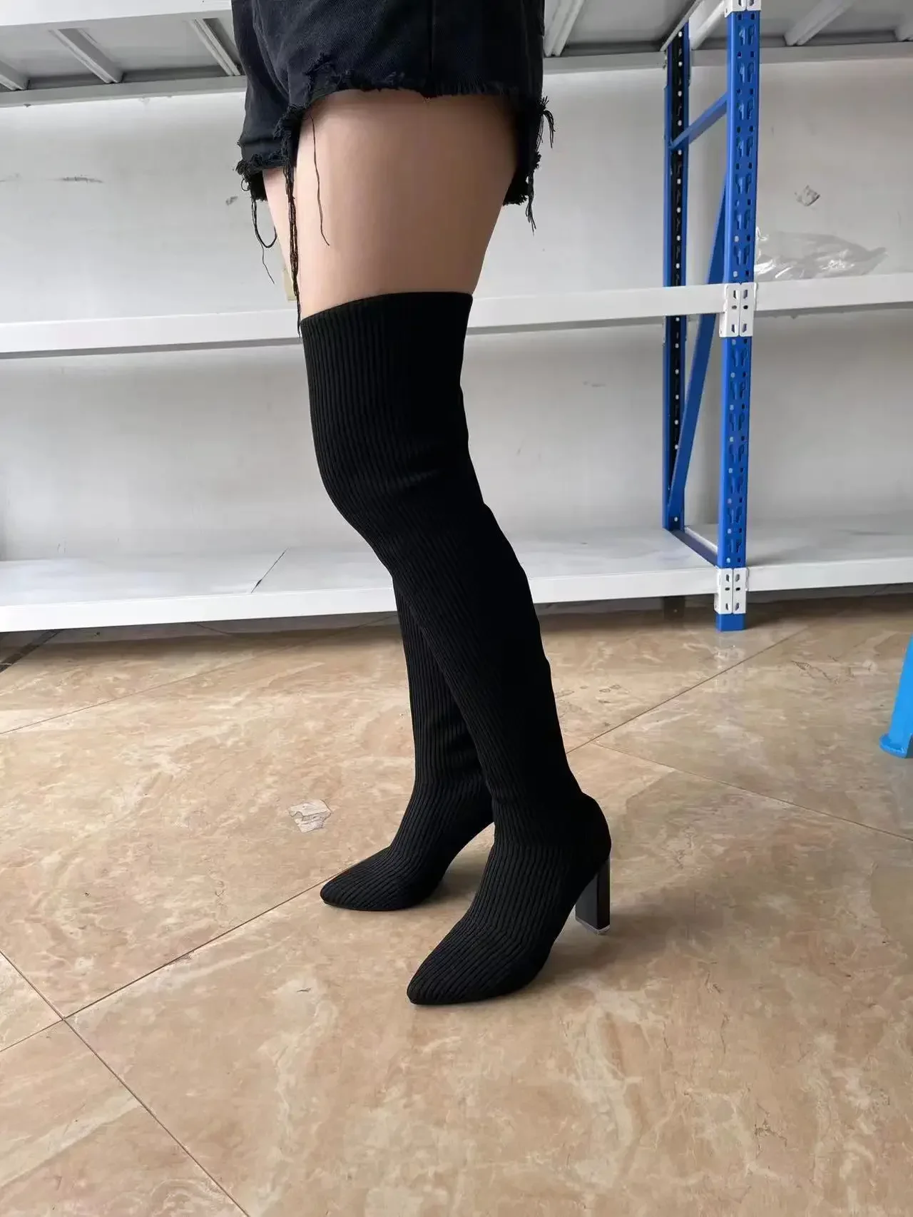 Women High Heel Boots Autumn Winter Pointed Thick Knitted Over-the-knee Elastic Wool