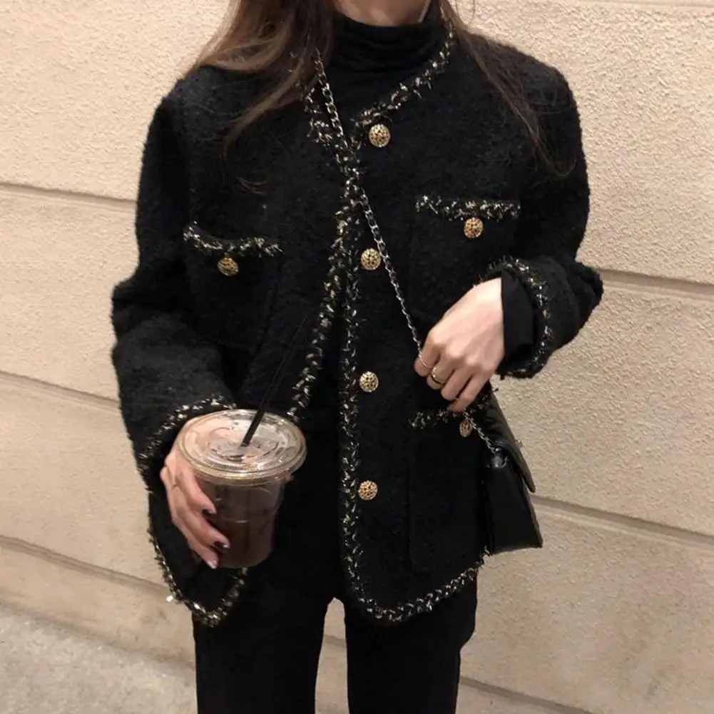 

Женская твидовая куртка с карманами, Элегантное однобортное пальто из смешанной шерсти, Офисная куртка в Корейском стиле на осень и зиму