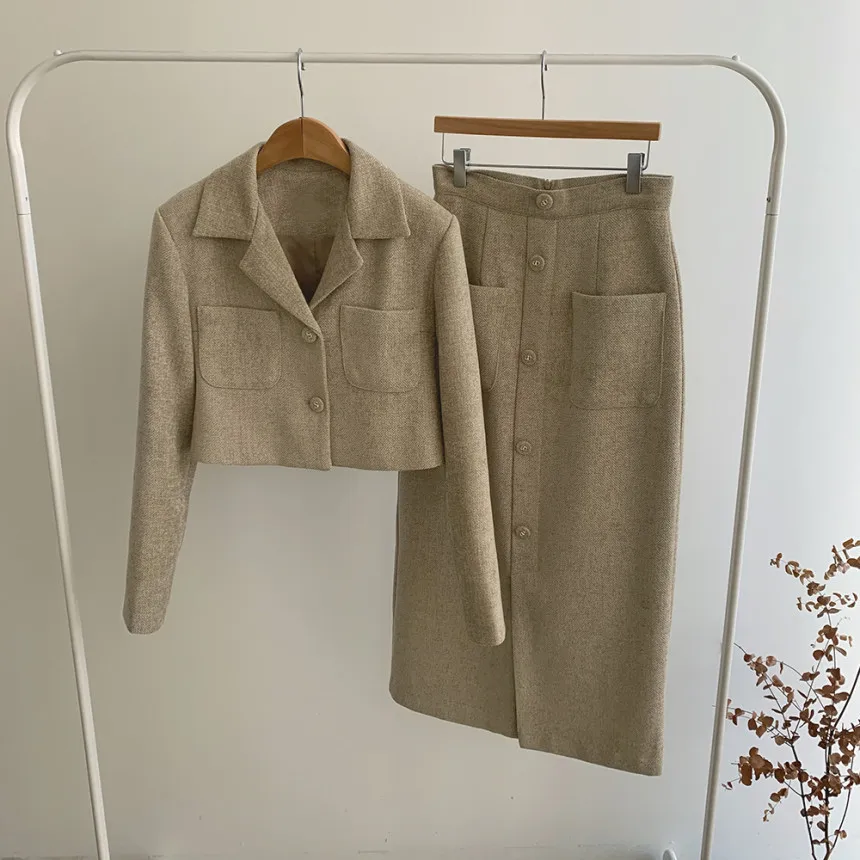 Elegant Tweed Two-Piece Skirts and Blazer Suits Stylilsh