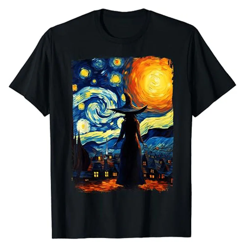 

Witch Halloween Starry Night Aesthetic Painting T-Shirt Autume Fall Costume Gifts Witch Lover Graphic Tee Top Surrealism Outfits