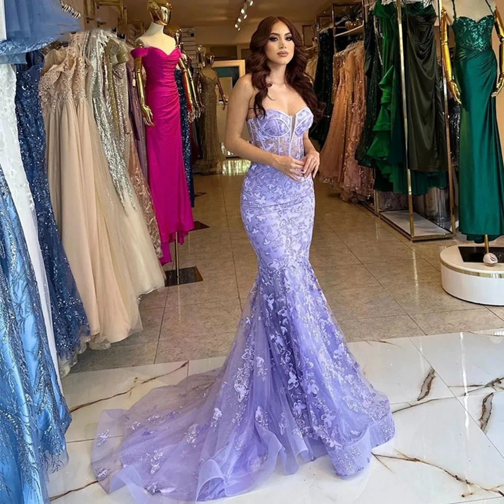 

Flora Dress Purple Lace Sweetheart Evening Dresses Vestidos Para Mujer Gala Off Shoulder Sleeveless Mermaid Party Gown Robes