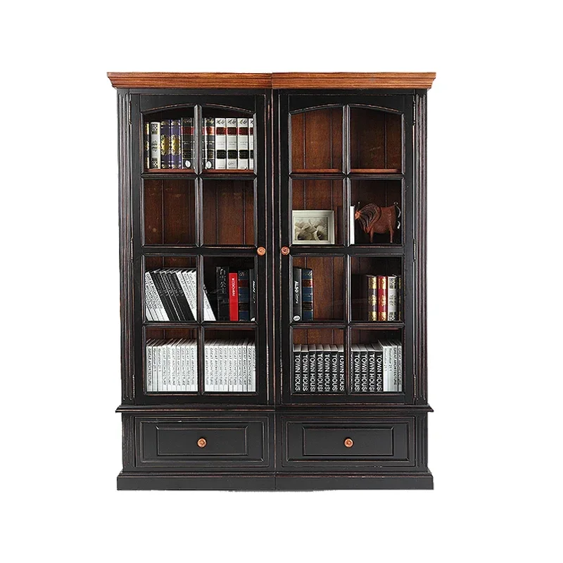 American Rural Solid Wood Bookcase Mediterranean Children's Free Combination Storage Glass Door Bookcase
