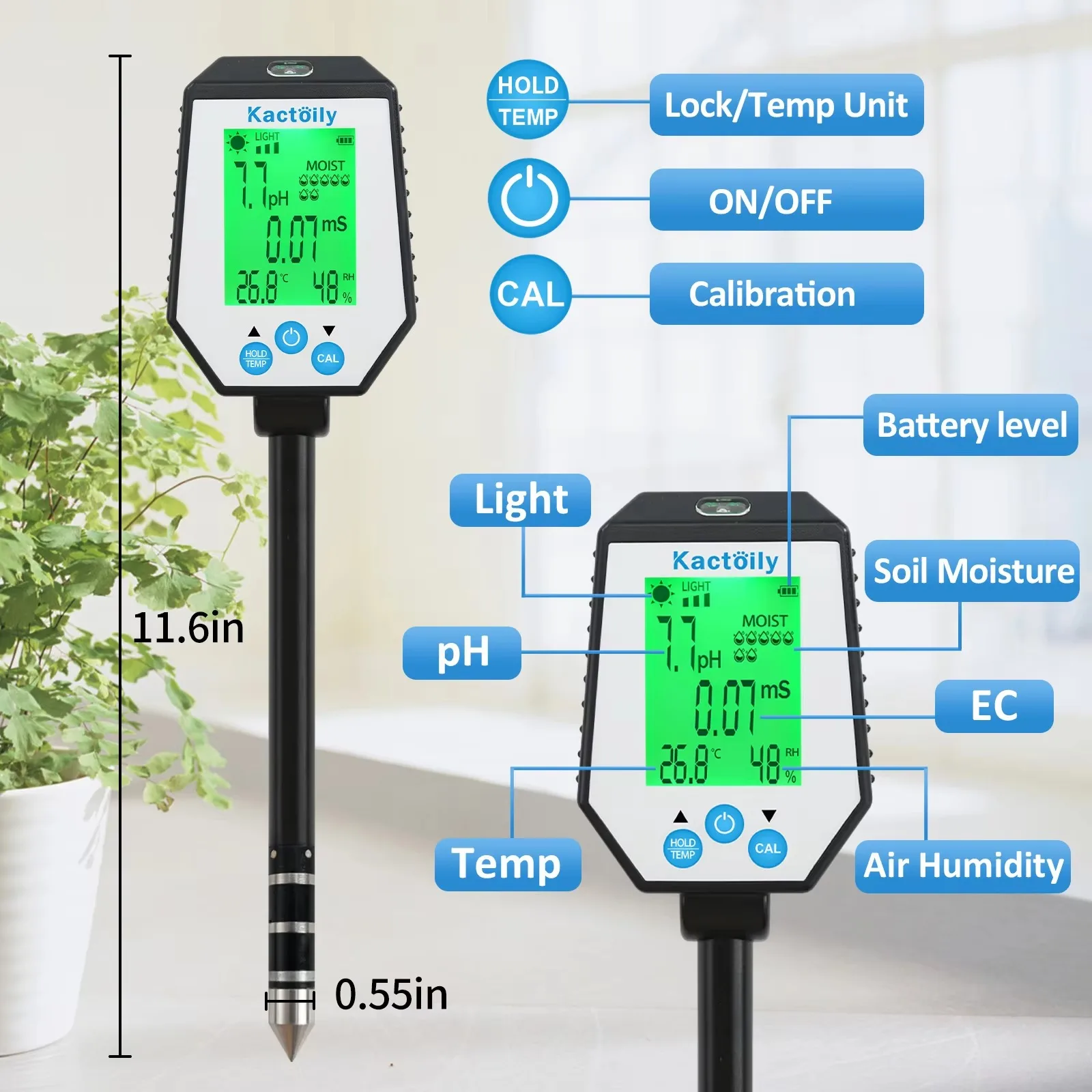 6-in-1 스마트 토양 pH 측정기 고정밀 0.01pH 정확도 LED 디스플레이 공장 직판 OEM