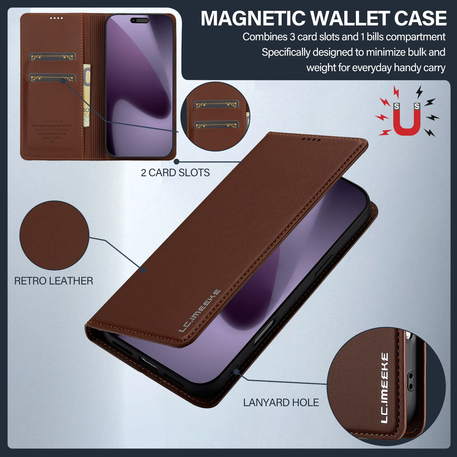 Premium Detachable Magnetic Leather Flip Card Holder & Case - Business Durable Edition