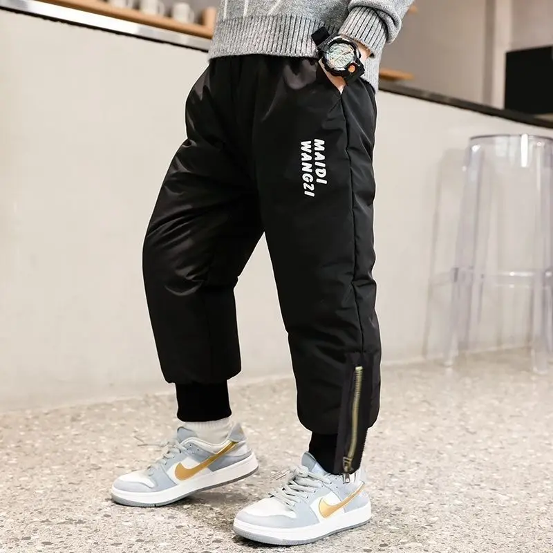 

Children's Cotton Pants 2023 Winter Plush Thickened Warm Cuffed Letter Printing Zipper Outwear Boys' Fashionable 5-12 Years Old