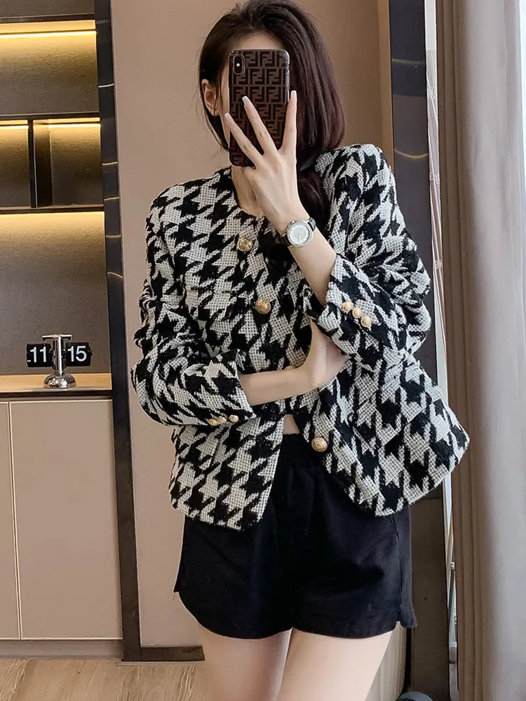 

2024 French Small Fragrance Houndstooth Jacket Women Luxury Design New Spring Temperament Celebrity Woolen Coats Outwear