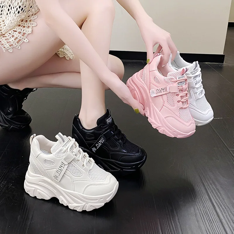

High Platform Shoes 9CM Brand 2023 Spring Breathable Mesh Sneakers Hidden Increasing Sport Shoes Woman Wedge Casual Chunky Shoes