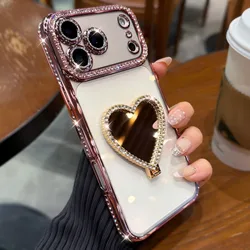 Elegant Rhinestone Heart Mirror Stand Phone Case with Fall Protection Back Cover - iPhone 18 (Pink)