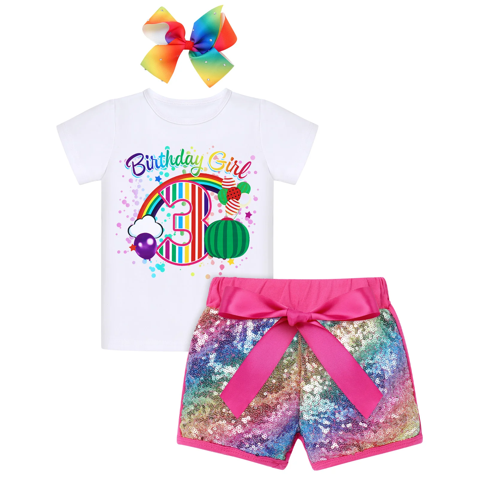 Infant Baby Girls Coco-melon Themed Birthday Party Outfit Baby Girls Cake Smash Clothing Sequin Embellished Shorts Baby Clothing Set best of sale