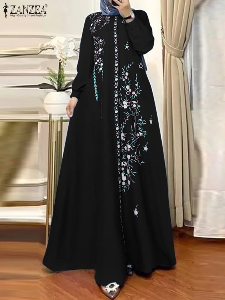 Elegant Muslim Maxi Dress ZANZEA Ramadan Abaya Robe Women Long Sleeve Floral Print Sundress Bohemain Vestido IsIamic Clothing