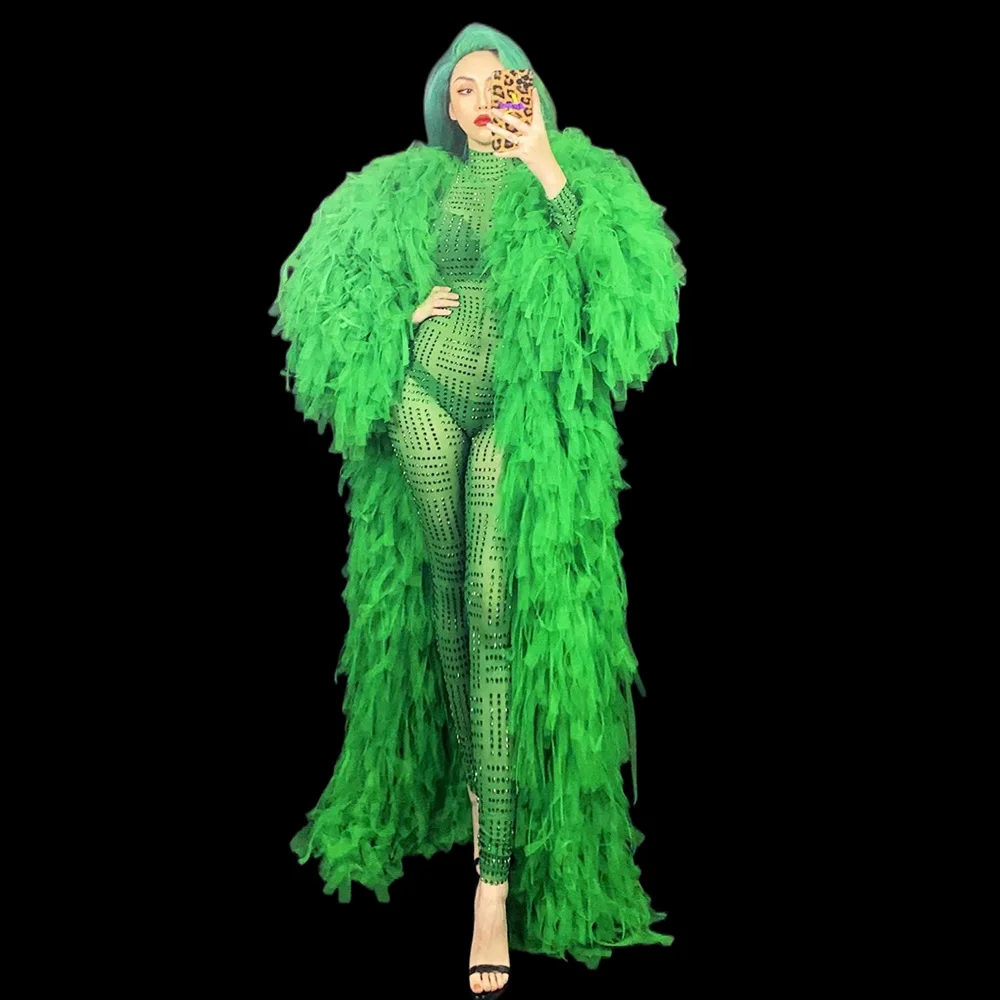 

Singer DJ Stage Show Green Skinny Jumpsuit Ds Performance Women Feather Cover Legging Party Nightclub Outfit Dance Costume