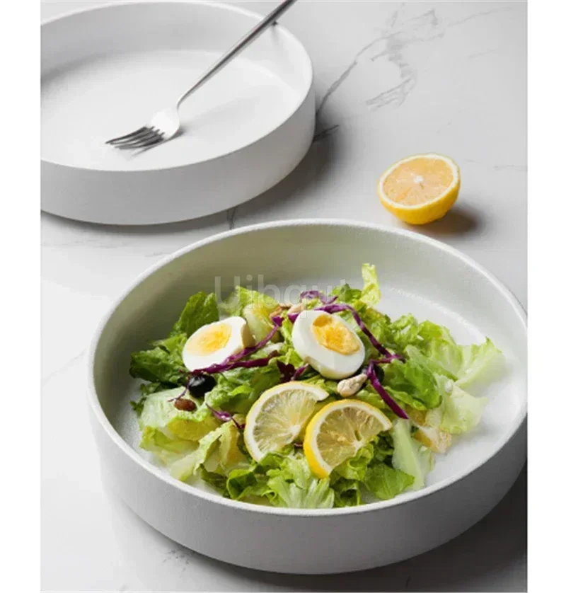Simple black and white deep soup plate Western dish round dish salad plates frosted ceramic large baked plate household dishes