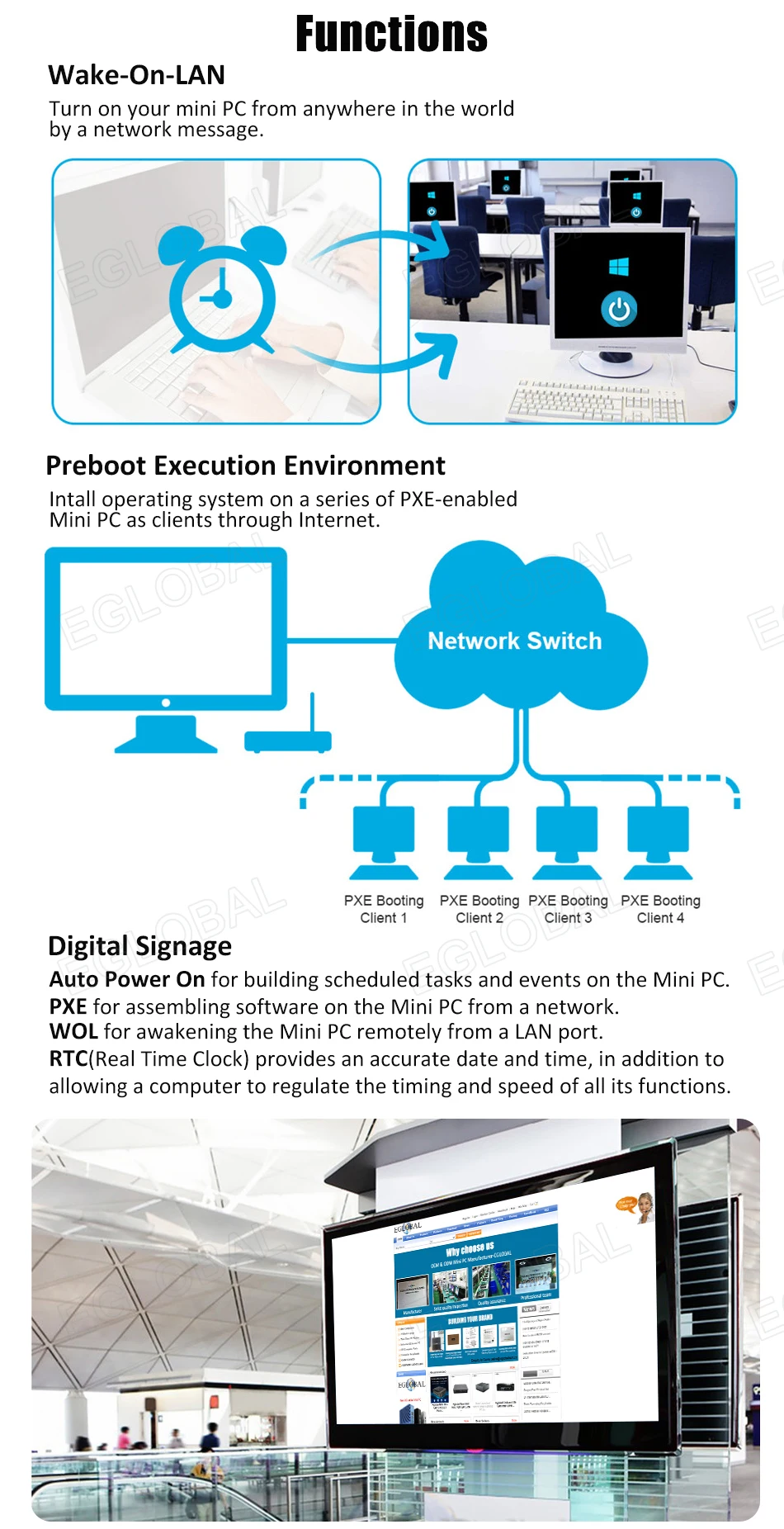 Eglobal Industrial Fanless Mini PC with I5 6300U, I7 10510U, Windows 7/8/10, VPN Router, VGA, HDMI, 4G, WiFi, BT Description Image.