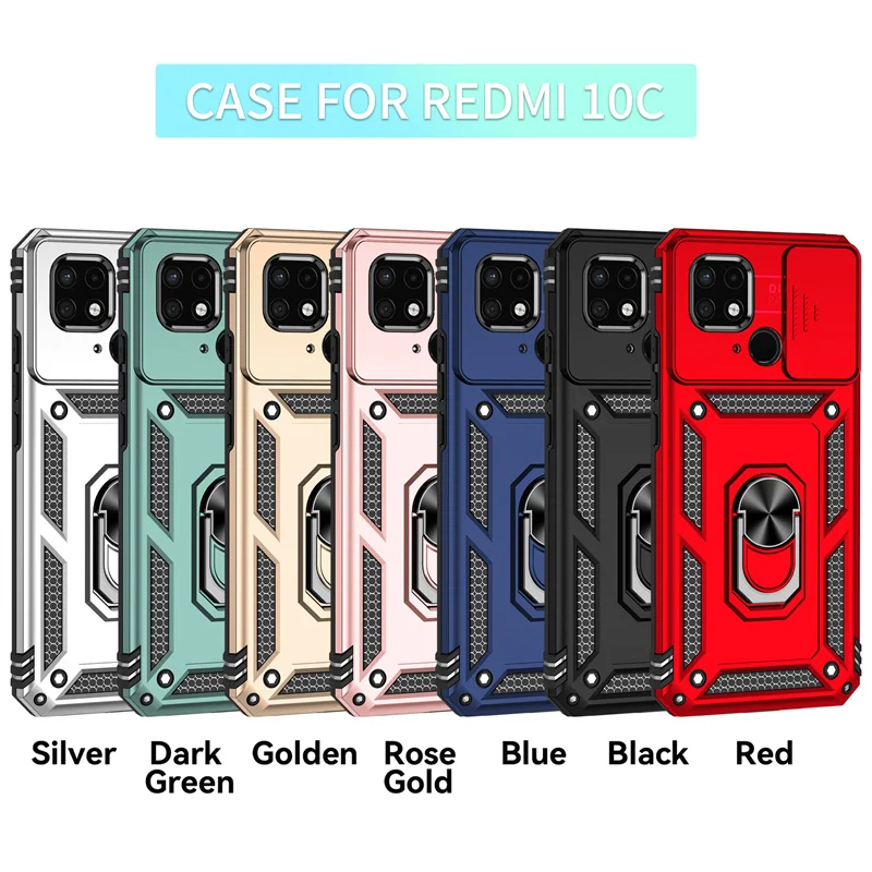 Durable Armor Phone Case with Slide Window Lens Protector and Magnetic Holder Ring for Xiaomi Redmi 10C and Poco C40