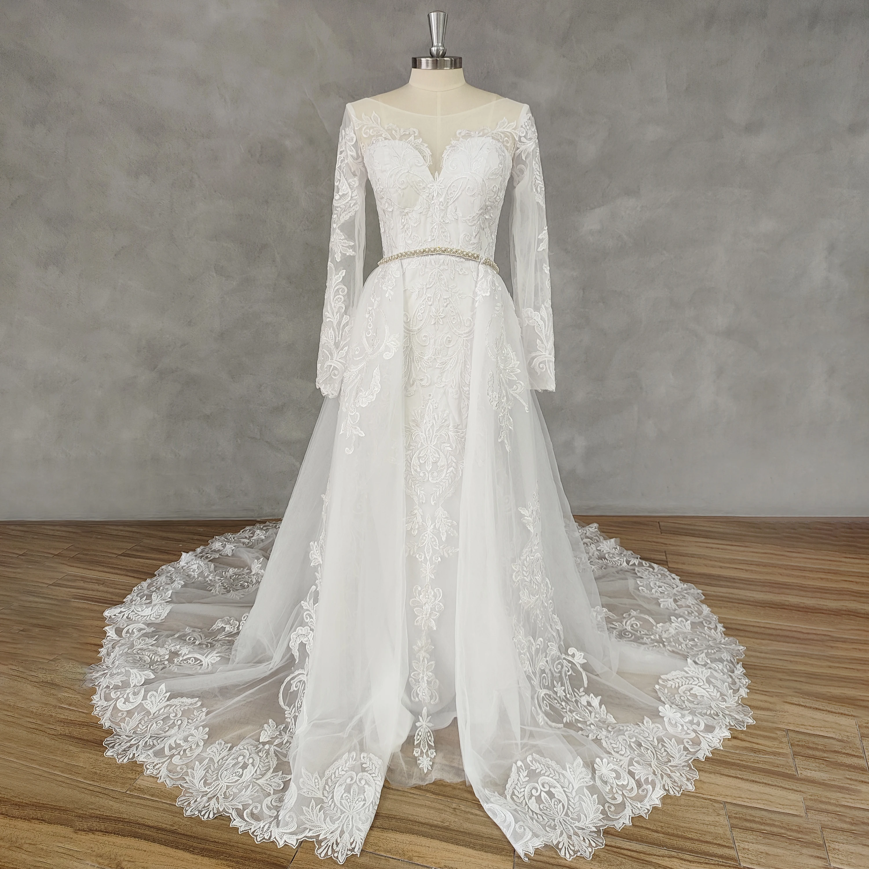 

DIDEYTTAWL Real Picture Long Sleeves Appliques A-Line Wedding Dress Illusion Back Detachable Court Train Bridal Gown Custom Made
