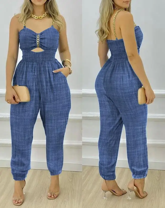 Women's Camisole Jumpsuit 2023 Sexy Denim Look Chain Spaghetti Straps Hollow Out V-Neck Parallel Crepe Sleeveless Jumpsuit