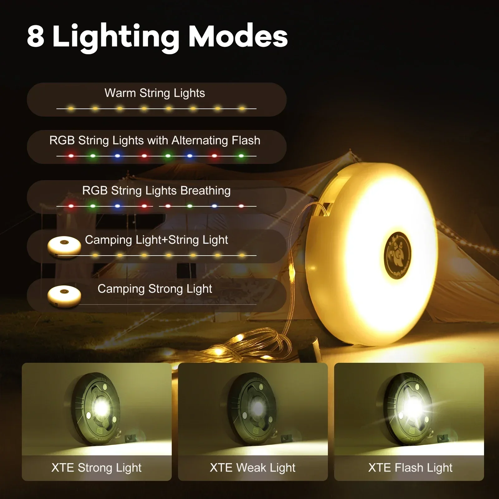 Solar LED String Lights IP65 Outdoor Garden Fairy Light 4 in 1 Camping String Lights 5 Modes Solar/USB Powered Tent Light