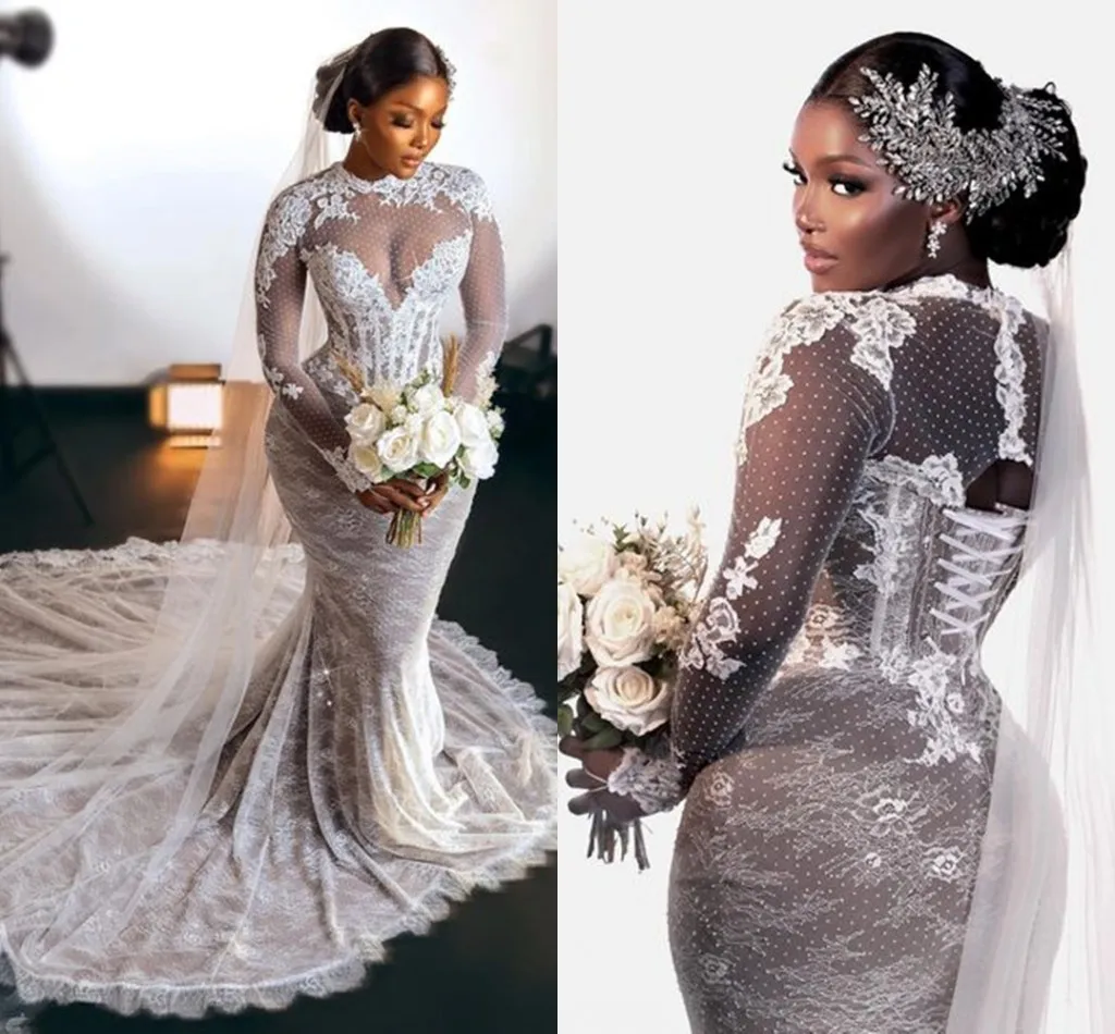 

Long Sleeve Mermaid Wedding Dresses Full Applique abito da sposa Vintage Lace-up Corset African Aso Ebi Bridal Dress gown