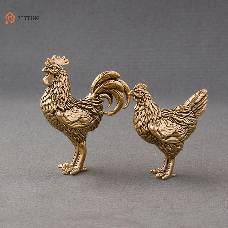 Ornaments 1/2PCS Miniatures Copper Rooster And Hen Ornaments Solid Brass Rooster Small Statue Office Desktop Tea Pet Crafts