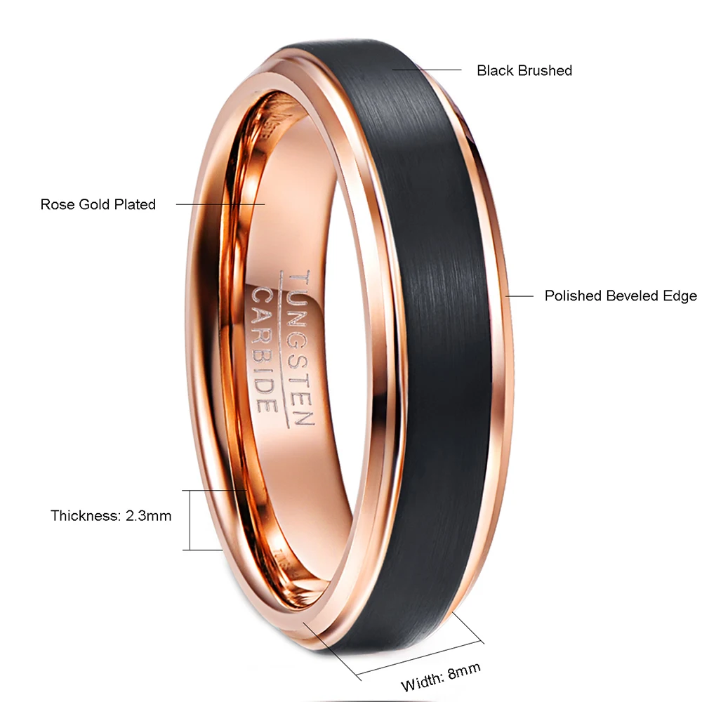 NUNCAD 6mm Rose Gold Color Tungsten Carbide Rings for Men Black Brushed Wedding Band Beveled Edge Comfort Fit Size 5-12