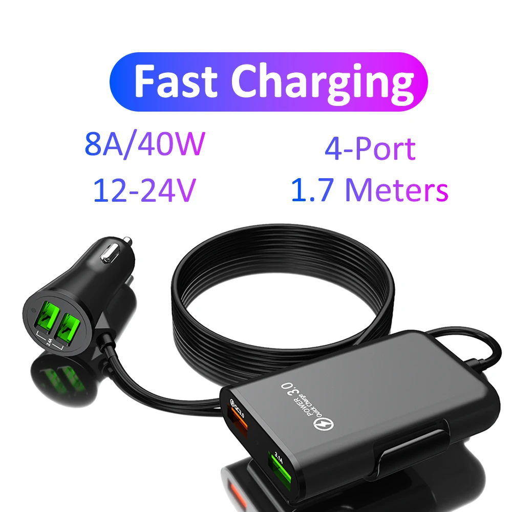 Universal 4 Ports USB Car Charger Front Seat Back Seat QC3.0 Quick Charging USB Adapter for Car Charger USB Fast Charger