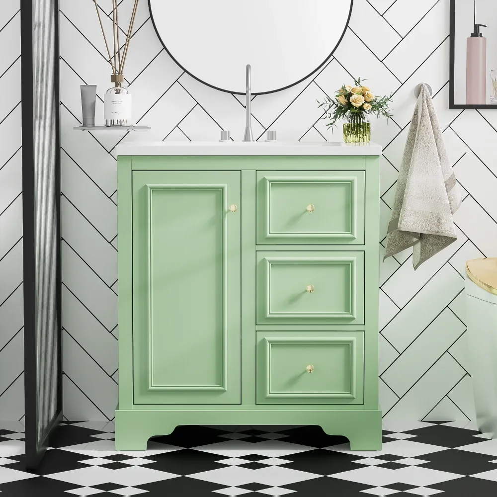 30 Inch Bathroom Vanity with Sink, Modern Elegant Bathroom Storage Cabinet with 3 Drawers and Adjustable Shelves 6