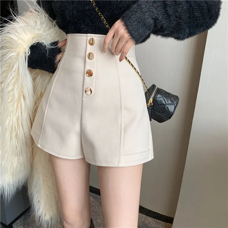 Schwarze Shorts für Damen Frühling Sommer Neue Weite Hose mit Hoher Taille Einreihig Aprikotfarbene Lässige Hotpants – Detail 6