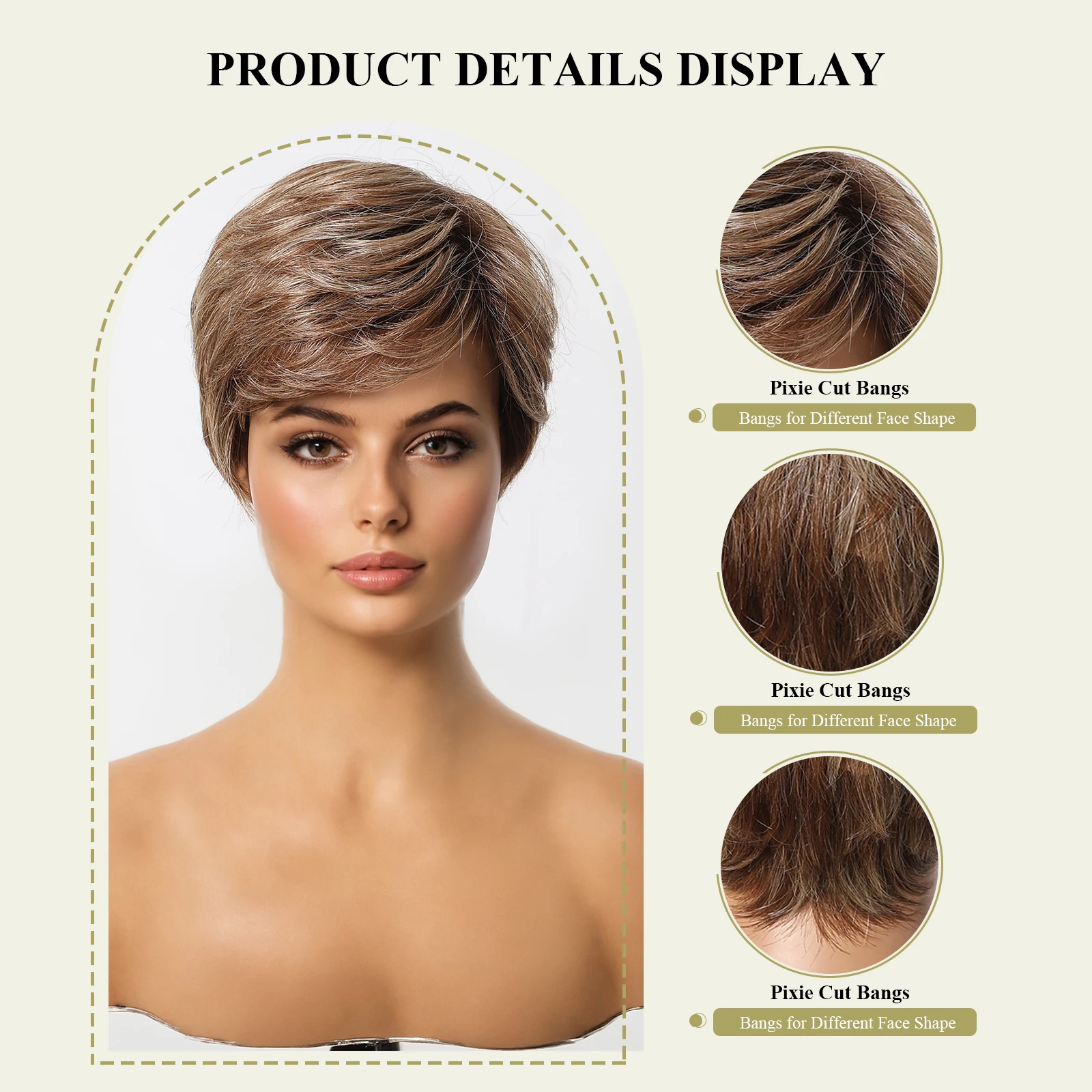 Short Straight Fashion Blend Human Hair Wigs Chestnut Brown Pixie Cut Human Hair with Bangs Women Soft Machine Made