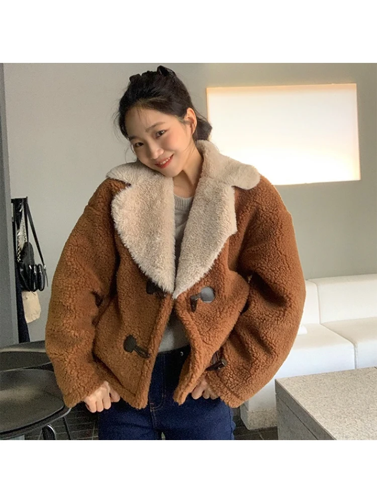 

Lamb Wool Jacket Women For Snow Fuzzy Brown Horn Buckle Notched Neck Warm Cozy Cardigan Jacket Winter Clothes Female 2022