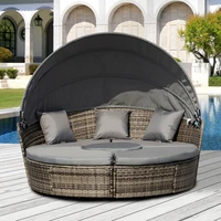 4-Piece Patio Furniture Set, Round Convertible Daybed or Sunbed with Adjustable Sun Canopy, Sectional Sofa, Blue/Gray/White 1