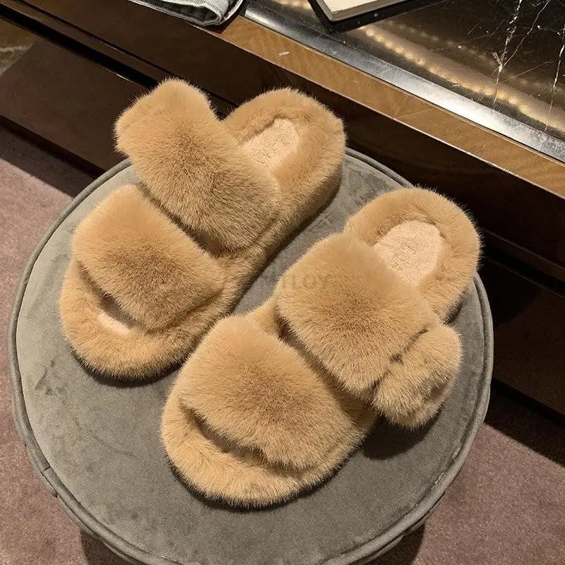 

Женские меховые шлепанцы на платформе, нескользящая обувь из флока, на резиновой подошве, сланцы, украшение с пряжкой, модная обувь для девушек