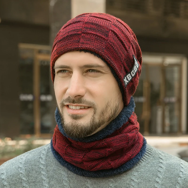 Gorro y bufanda de esquí de 2 piezas para hombre, gorros de lana cálidos de punto acanalado para senderismo al aire libre, gorros de cobertura gruesos de terciopelo, Invierno