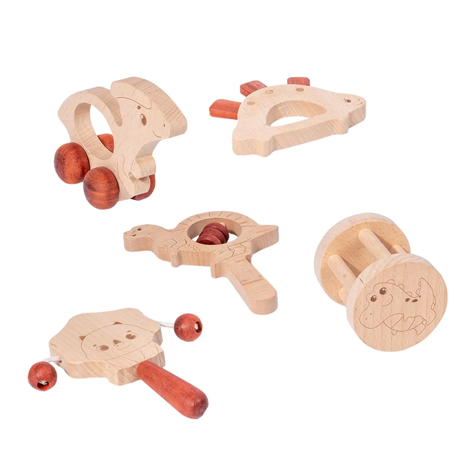 

5x Wooden Baby Toys Newborn Baby Rattle with Bells for Infant Girls