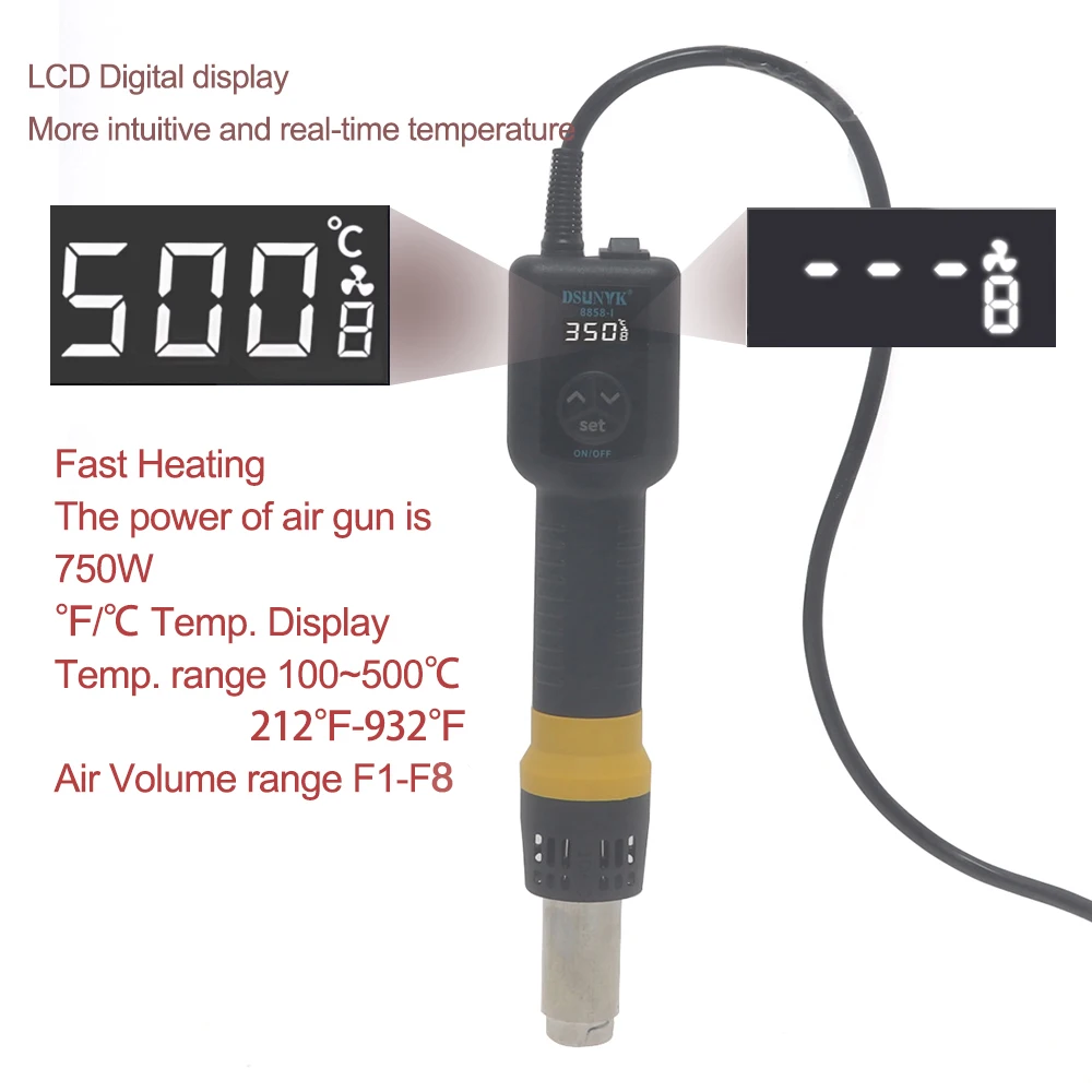 DSUNYK 마이크로 열풍기 8858-I 750W 납땜 리워크 용접 스테이션 LCD 디지털 휴대용 히트건 BGA IC 납땜 도구