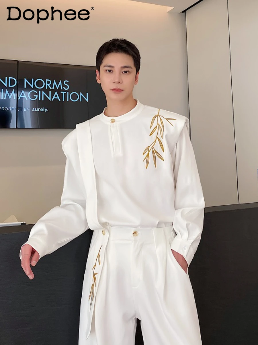 Fashionable High-End Retro Embroidered Bamboo Long Sleeve Shirts Men's Wide-Leg Pants New Male Chinese Style Two-Piece Sets