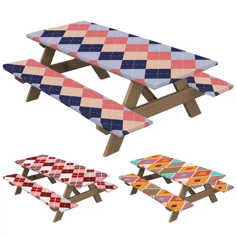 

Fitted Picnic Table Cover Polyester Waterproof Table Cover In Rhombic Lattice Design Portable Picnic Accessories With 2pcs Bench