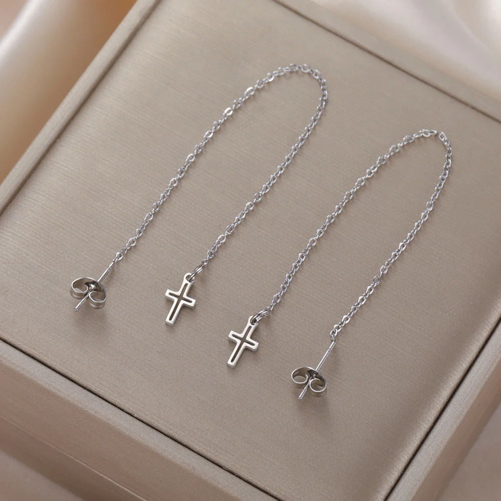 Dawapara Kreuz Lange Ohrringe für Frauen Edelstahl Quaste Ohrringe Christliches Symbol Minimalismus Kreuz Charm Religiöser Schmuck – Detail 9